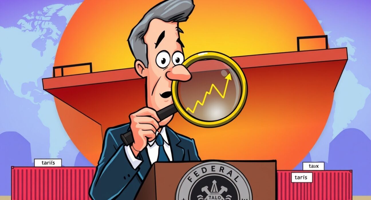 Cartoon illustration of Jerome Powell discussing the temporary impact of tariffs and inflation on the economy.