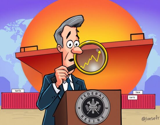 Cartoon illustration of Jerome Powell discussing the temporary impact of tariffs and inflation on the economy.
