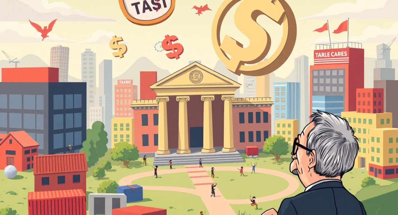 A cartoon illustration of Jerome Powell discussing how tariffs and inflation are not significantly linked, showing businesses absorbing costs.