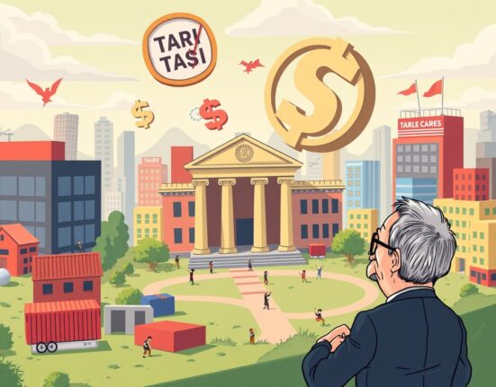 A cartoon illustration of Jerome Powell discussing how tariffs and inflation are not significantly linked, showing businesses absorbing costs.