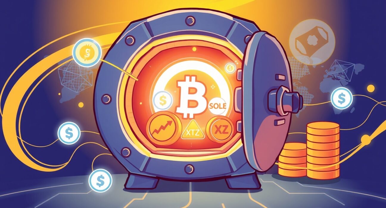 Secure institutional staking for digital assets in a vibrant cartoon vault.