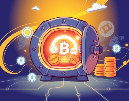 Secure institutional staking for digital assets in a vibrant cartoon vault.