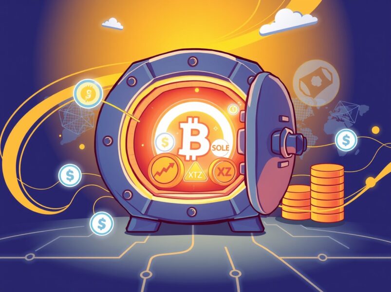 Secure institutional staking for digital assets in a vibrant cartoon vault.