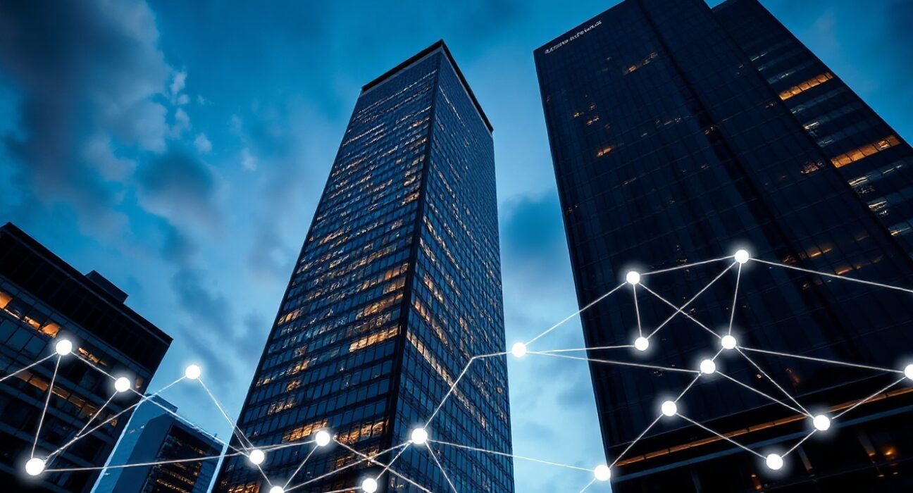 Swiss financial district with digital network overlay symbolizing blockchain integration