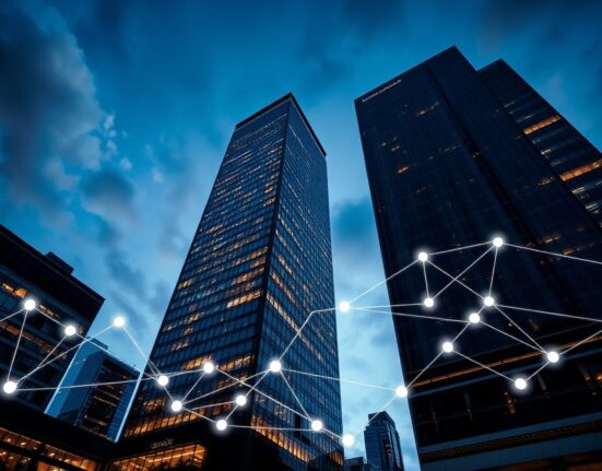 Swiss financial district with digital network overlay symbolizing blockchain integration
