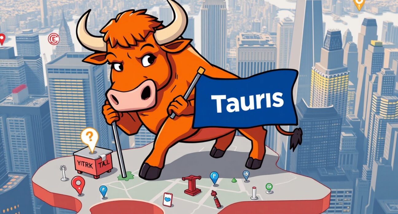 A cartoon bull symbolizing Taurus confidently expanding into the US market with a new New York office, highlighting its Taurus US expansion.
