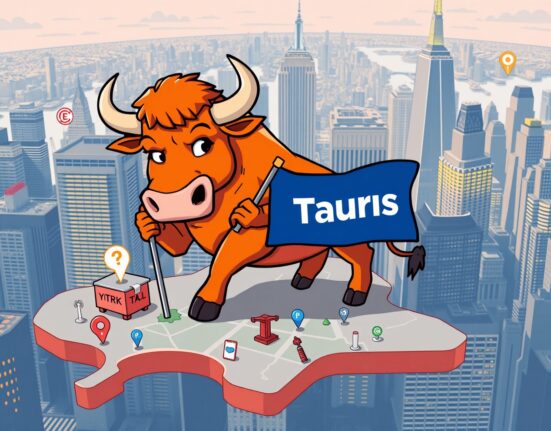 A cartoon bull symbolizing Taurus confidently expanding into the US market with a new New York office, highlighting its Taurus US expansion.