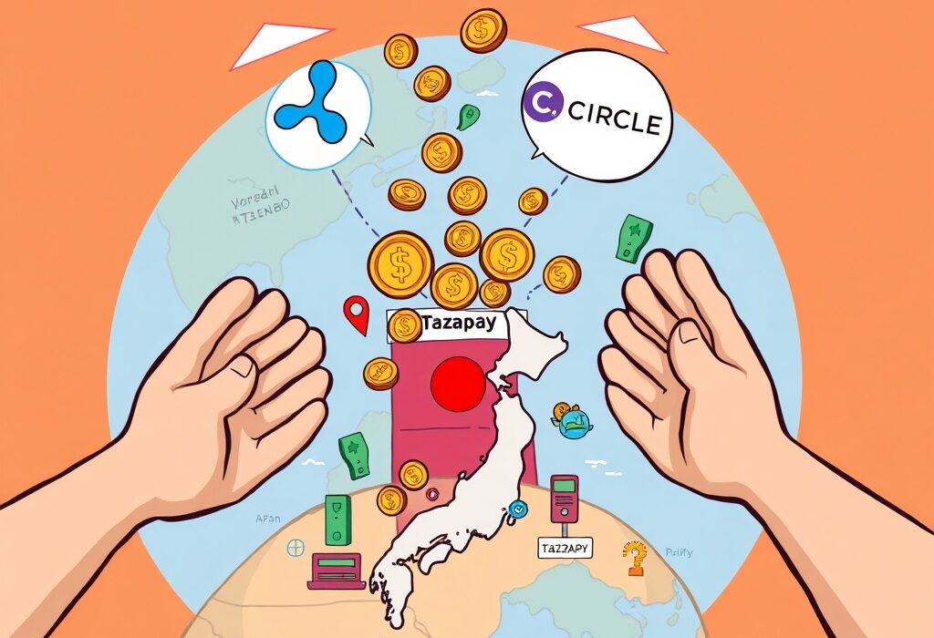 Cartoon showing Tazapay funding from Ripple and Circle strengthening cross-border payment infrastructure for global expansion.