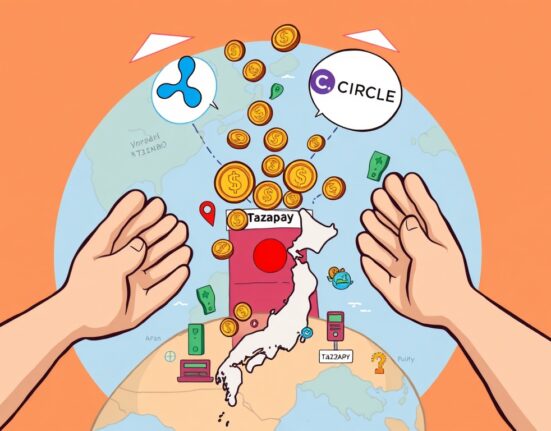 Cartoon showing Tazapay funding from Ripple and Circle strengthening cross-border payment infrastructure for global expansion.