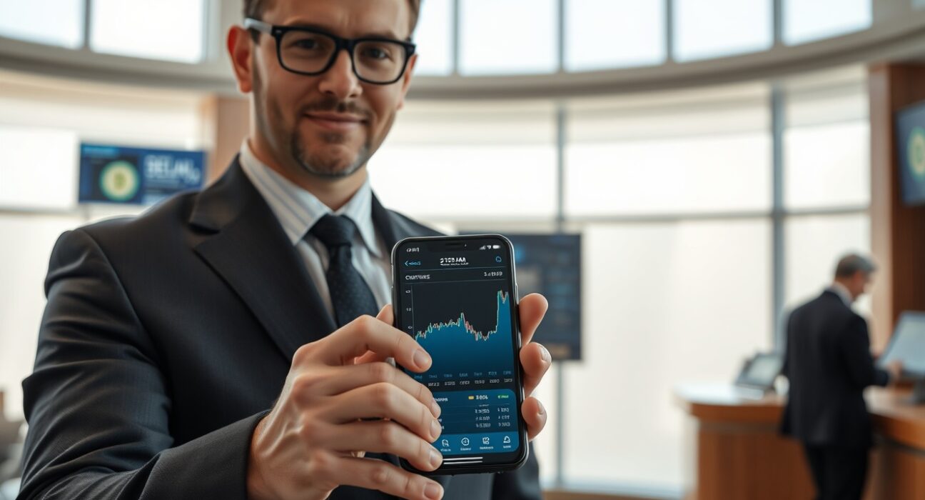 Banker in Tbilisi showing crypto trading on smartphone inside modern bank branch