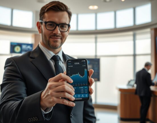 Banker in Tbilisi showing crypto trading on smartphone inside modern bank branch