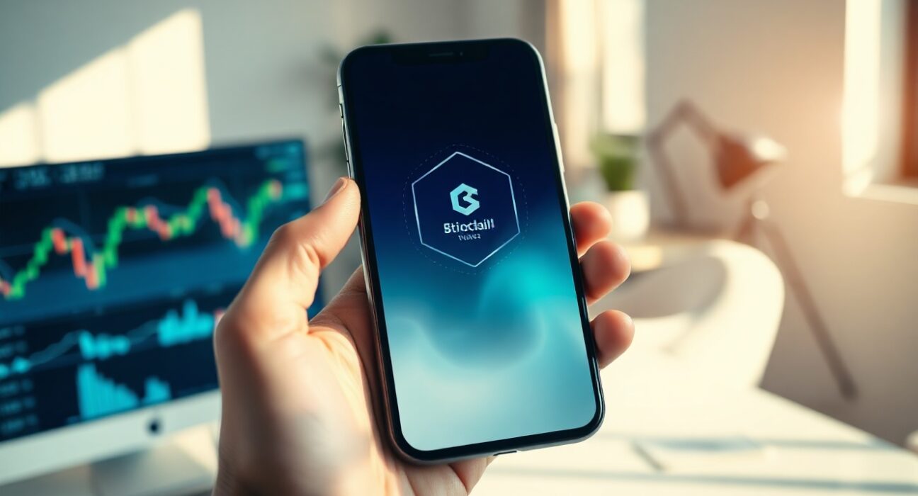 Smartphone displaying a digital banking interface with Sui blockchain branding in a professional office setting