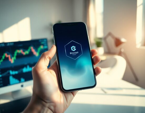 Smartphone displaying a digital banking interface with Sui blockchain branding in a professional office setting