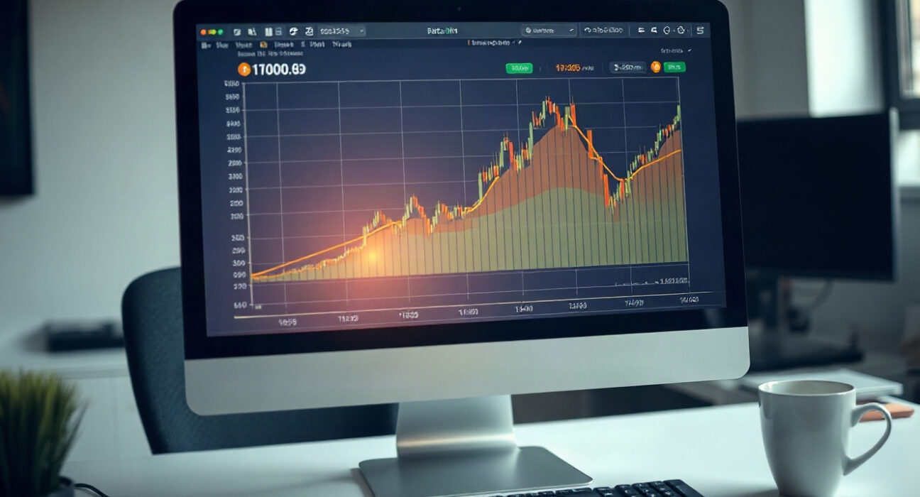 Bitcoin price chart on a monitor in a trading office, with an upward trend line