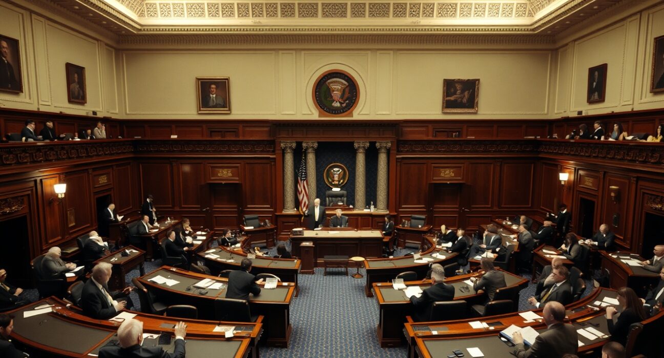 US Senate chamber interior during a legislative session with senators at their desks.