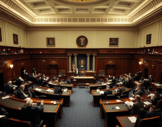 US Senate chamber interior during a legislative session with senators at their desks.