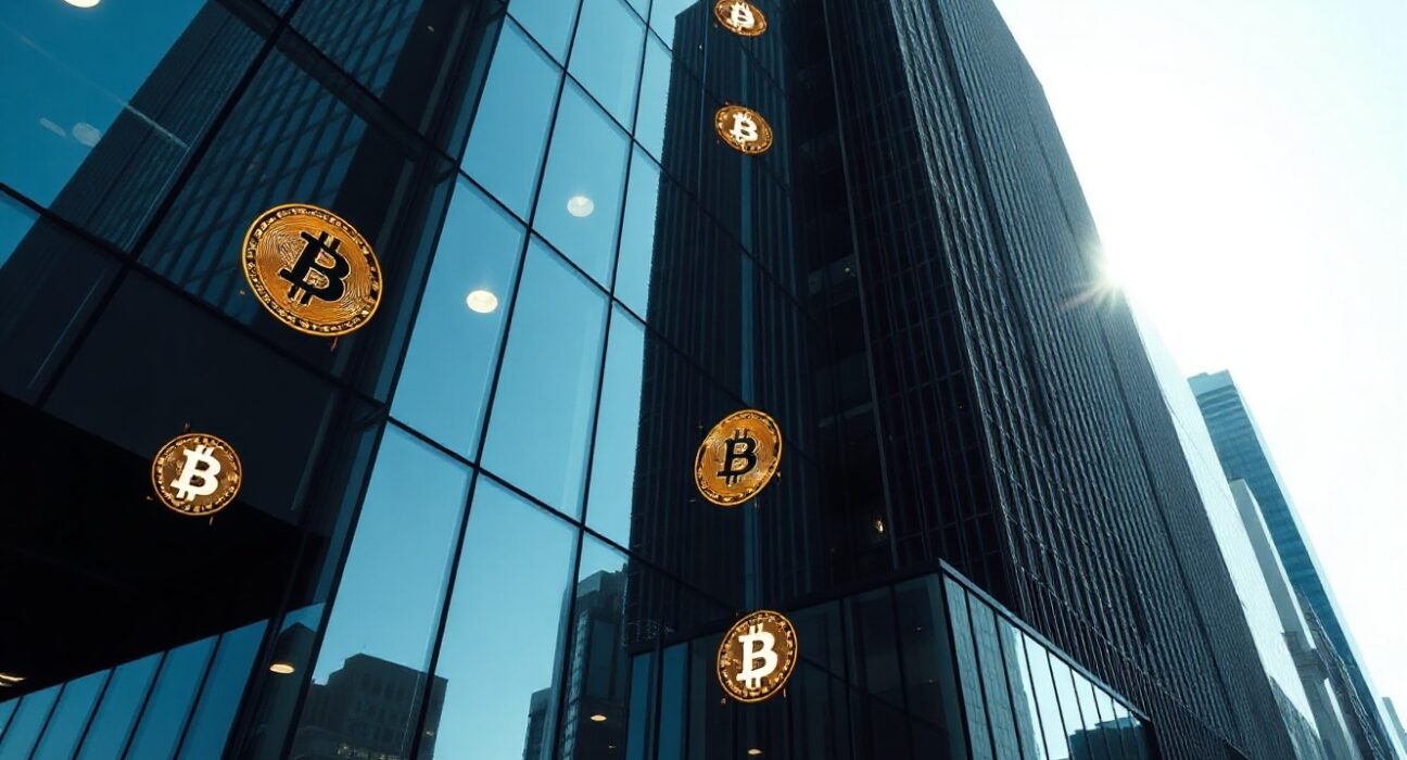 Modern corporate building with subtle Bitcoin-themed reflections in glass facade