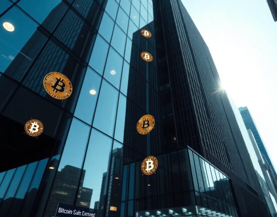 Modern corporate building with subtle Bitcoin-themed reflections in glass facade