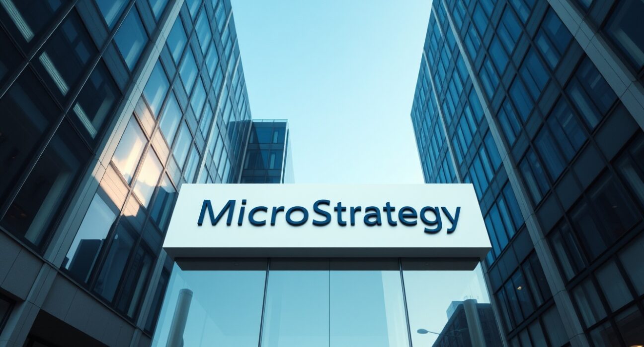 MicroStrategy corporate headquarters building exterior on a sunny day, representing the company's financial and Bitcoin strategy focus.