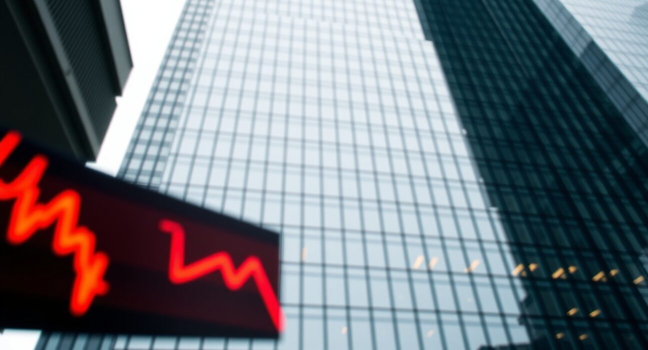 A tall glass office building in a financial district on an overcast day, with a blurry red stock ticker in the foreground.