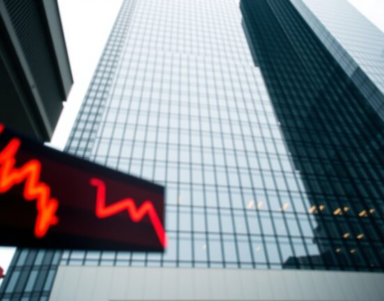 A tall glass office building in a financial district on an overcast day, with a blurry red stock ticker in the foreground.
