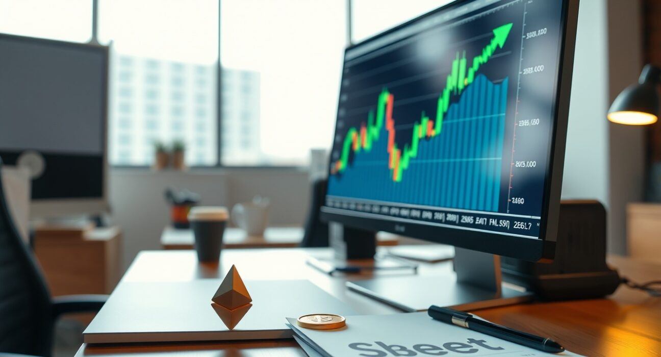 Financial analyst desk with Ethereum coin and stock chart on screen