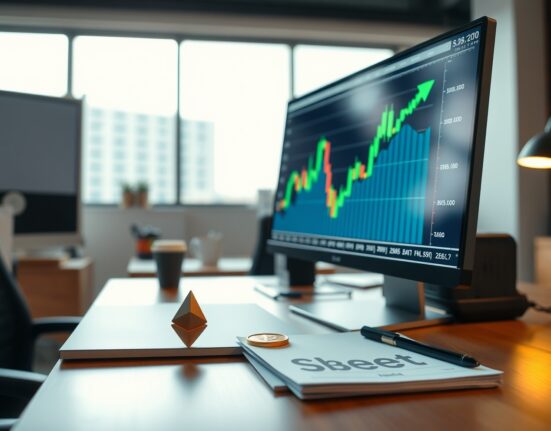 Financial analyst desk with Ethereum coin and stock chart on screen