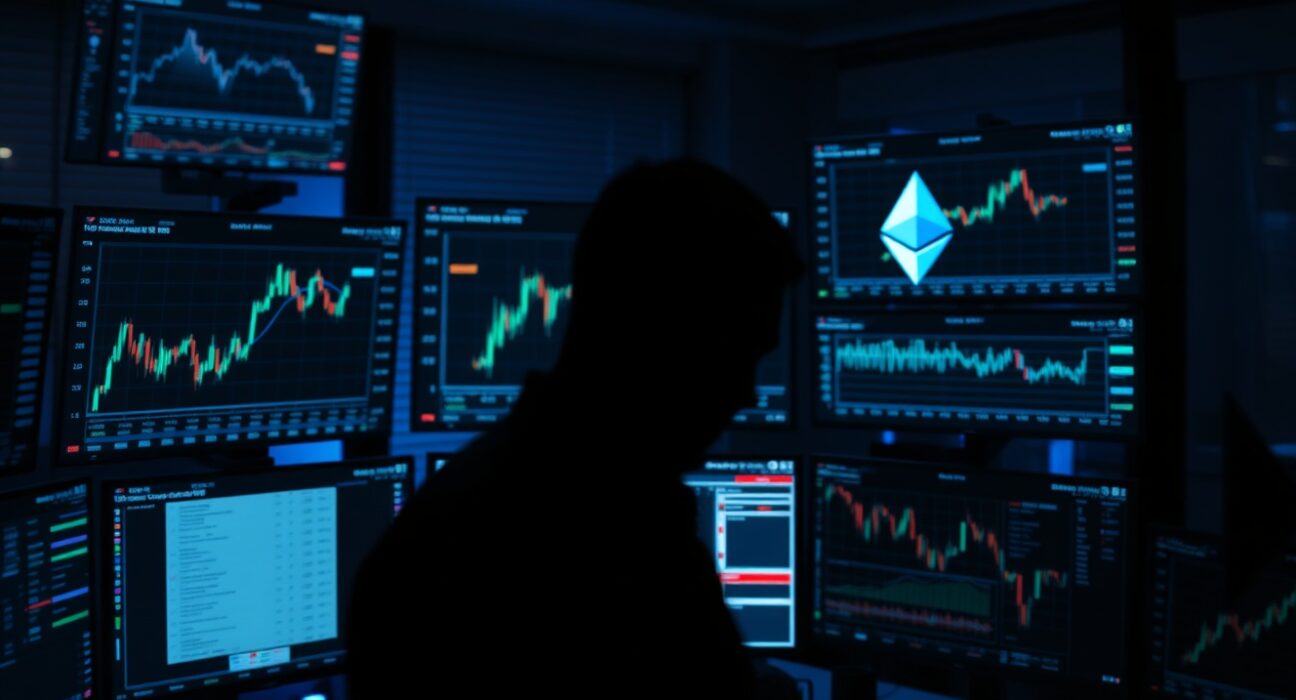 Trading desk monitors displaying stock charts and Ethereum logo in a dimly lit office