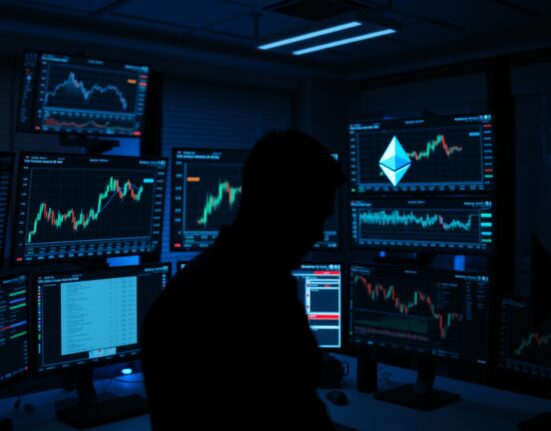 Trading desk monitors displaying stock charts and Ethereum logo in a dimly lit office