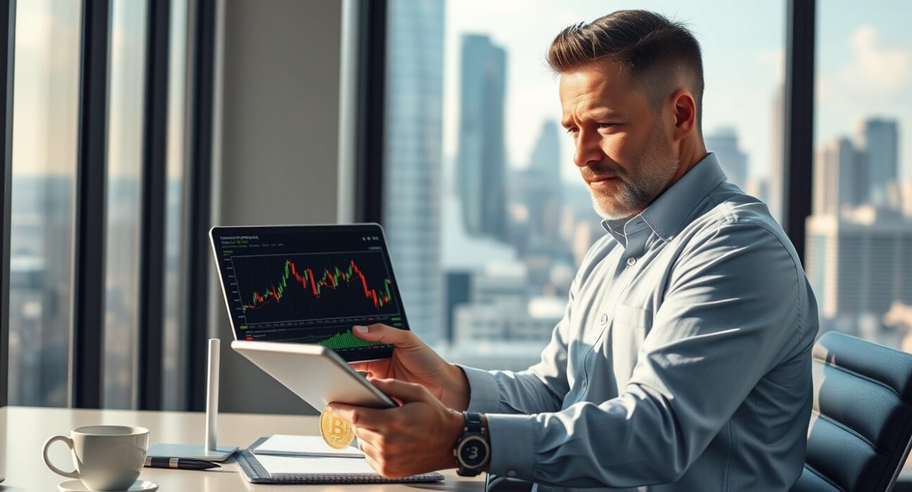 Financial analyst reviewing Bitcoin and stock data on tablet in modern office