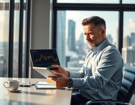 Financial analyst reviewing Bitcoin and stock data on tablet in modern office