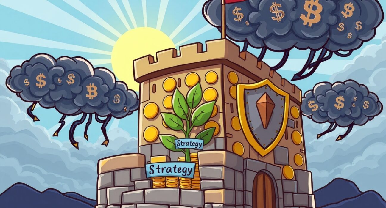Cartoon fortress protecting Strategy Buy rating investment during crypto market storm