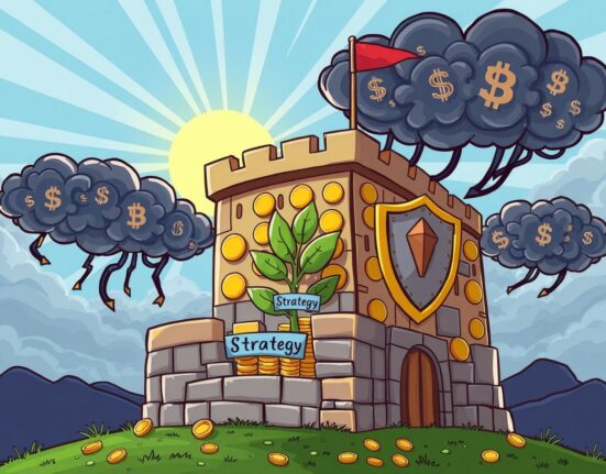 Cartoon fortress protecting Strategy Buy rating investment during crypto market storm