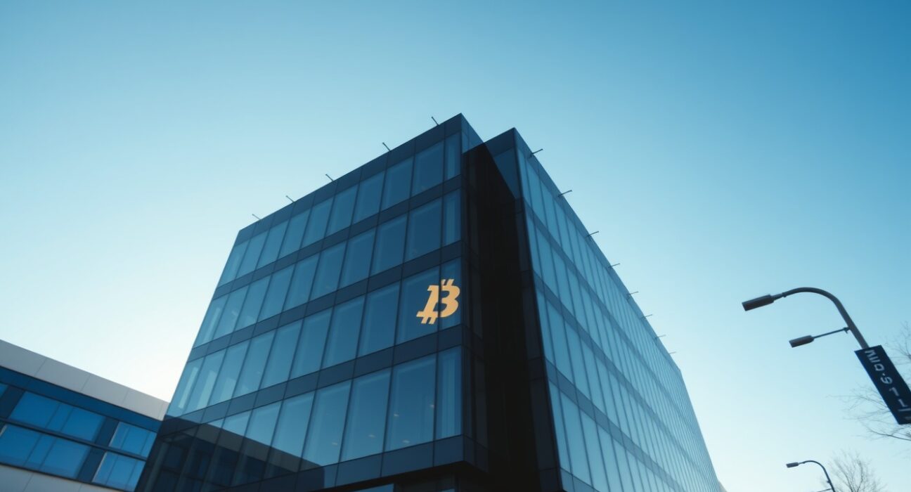 Modern corporate office building with faint Bitcoin symbol reflection, representing Strategy's Bitcoin-focused strategy
