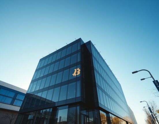 Modern corporate office building with faint Bitcoin symbol reflection, representing Strategy's Bitcoin-focused strategy