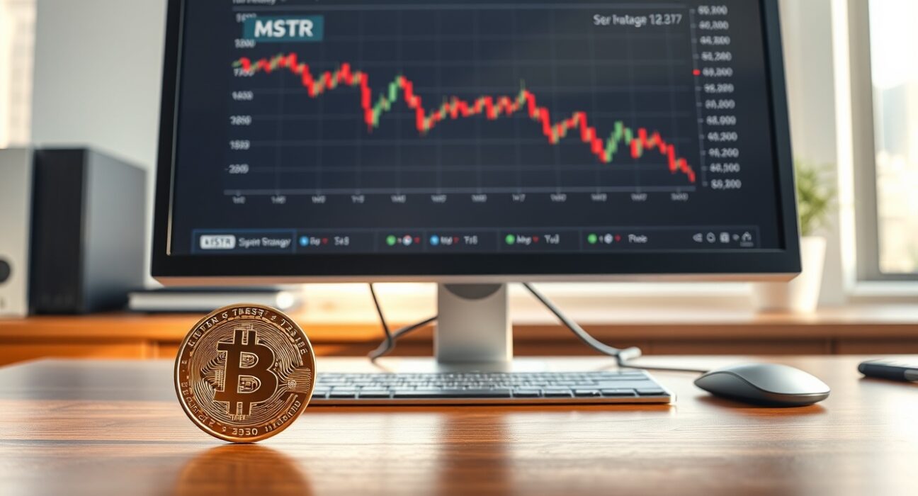 Financial analyst desk with MSTR stock chart and Bitcoin coin