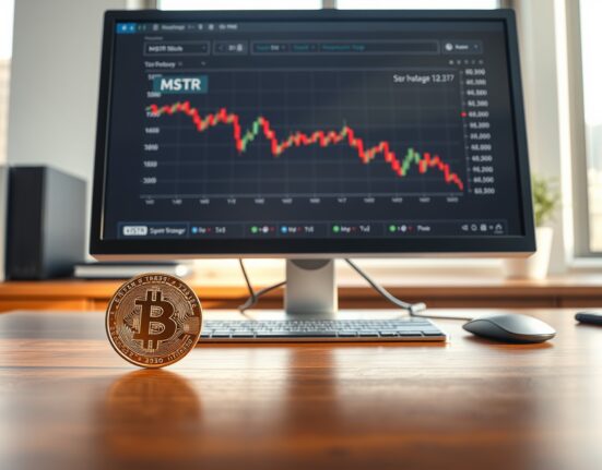 Financial analyst desk with MSTR stock chart and Bitcoin coin
