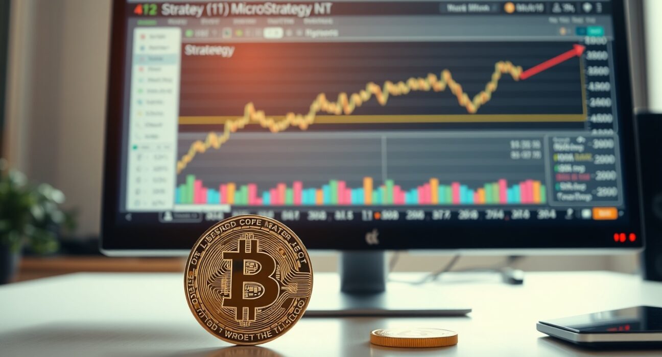 Analyst desk with stock chart of Strategy and Bitcoin coin