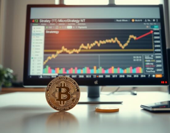 Analyst desk with stock chart of Strategy and Bitcoin coin