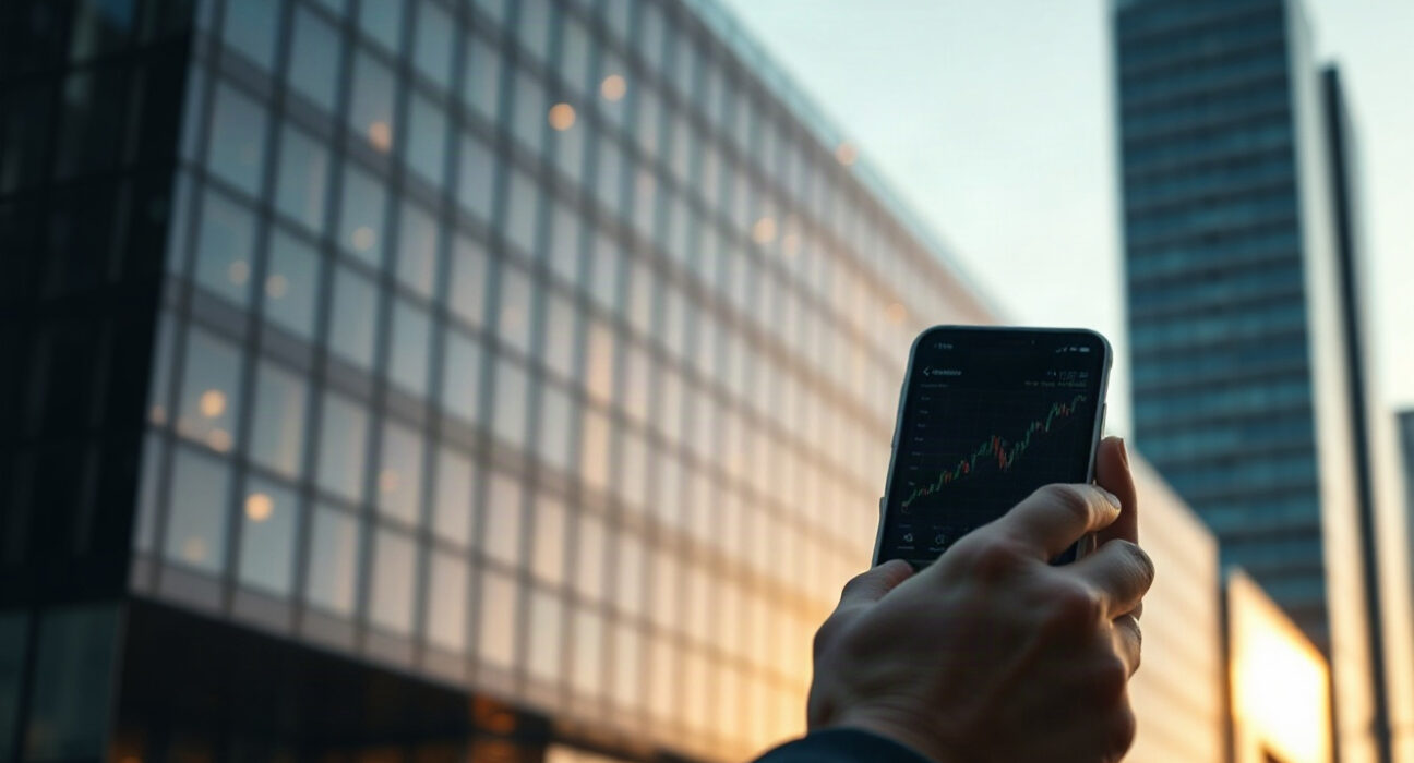 Analyst reviewing stock chart outside modern office building, representing Strive's investment outlook.
