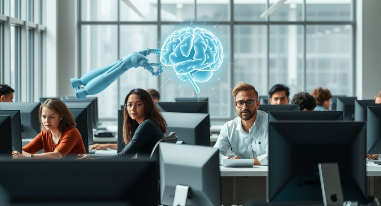 Professionals working in a modern office with subtle AI-themed holographic elements in the background