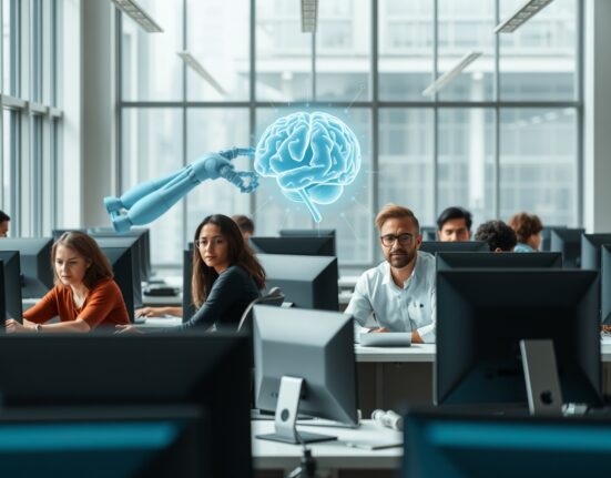 Professionals working in a modern office with subtle AI-themed holographic elements in the background