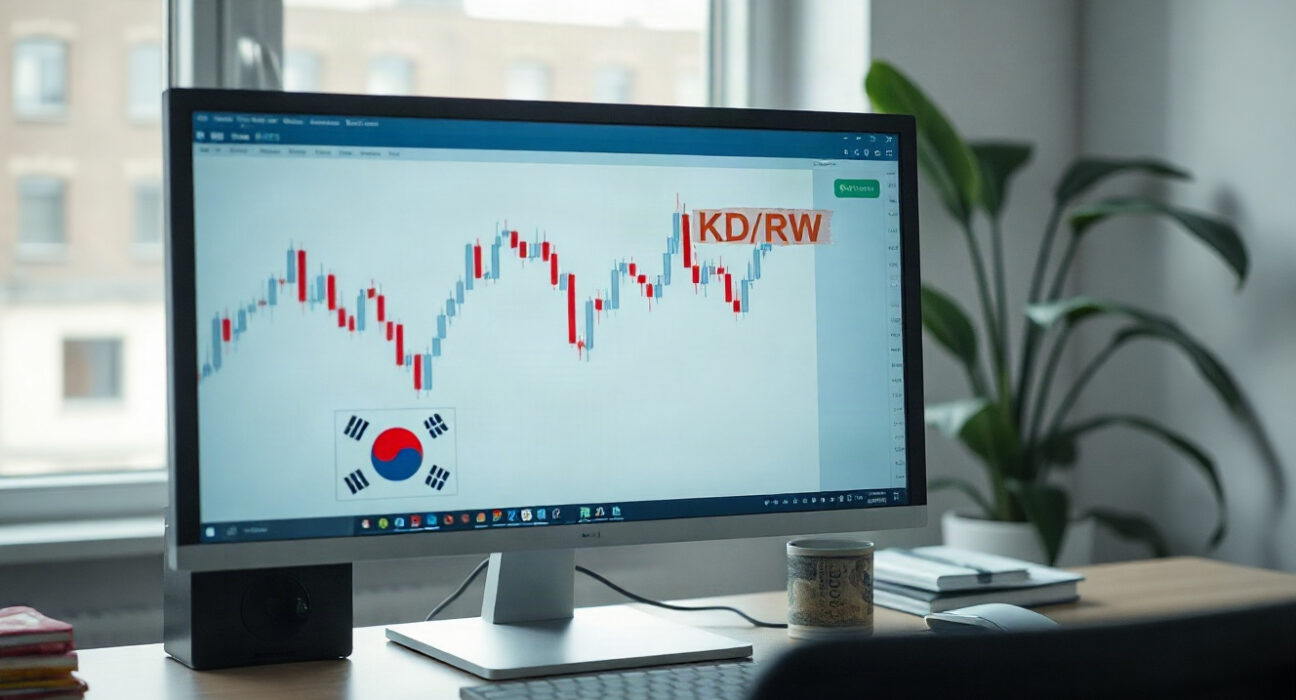 Analyst monitoring USD/KRW exchange rate chart on a computer screen in a modern office