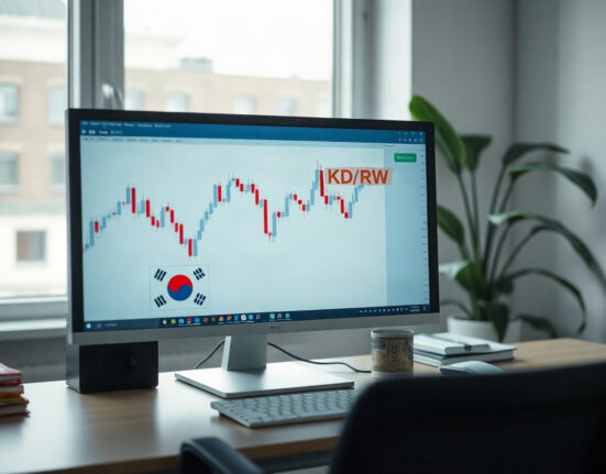 Analyst monitoring USD/KRW exchange rate chart on a computer screen in a modern office