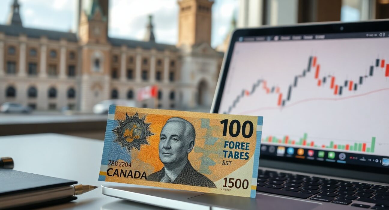 Canadian dollar banknotes and a forex trading chart on a laptop screen in an office setting.