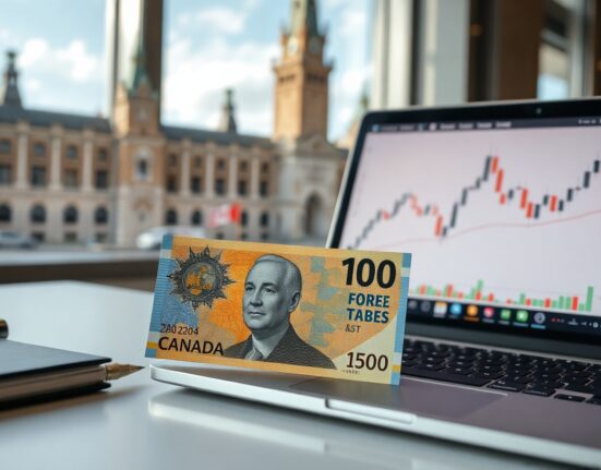 Canadian dollar banknotes and a forex trading chart on a laptop screen in an office setting.