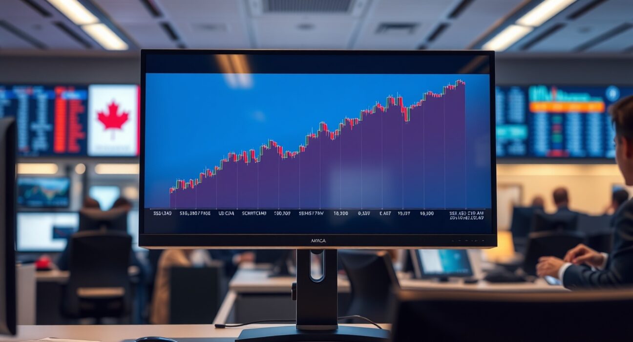 Financial trading monitor displaying USD/CAD chart with gradual uptrend, reflecting TD Securities forecast for Canadian dollar through 2026.