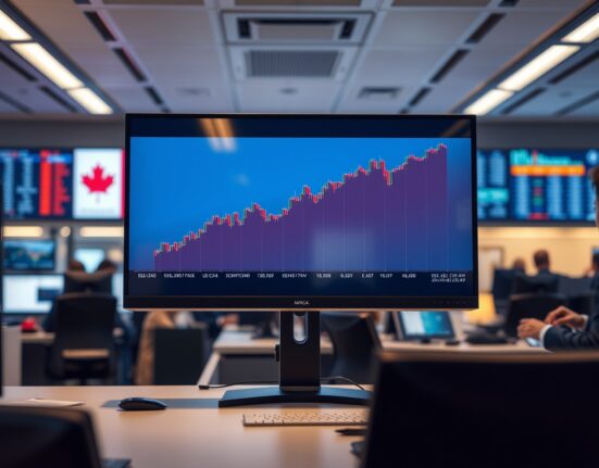 Financial trading monitor displaying USD/CAD chart with gradual uptrend, reflecting TD Securities forecast for Canadian dollar through 2026.