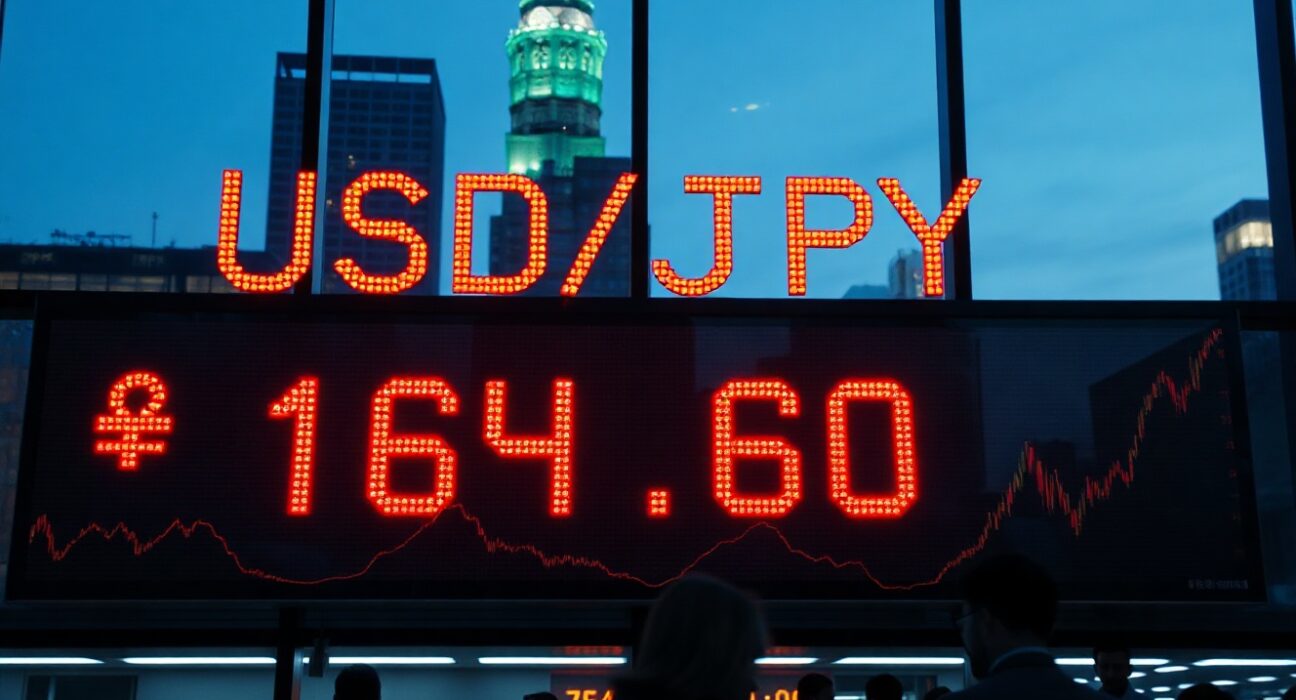 Digital currency exchange board in Tokyo showing USD/JPY rate near 165