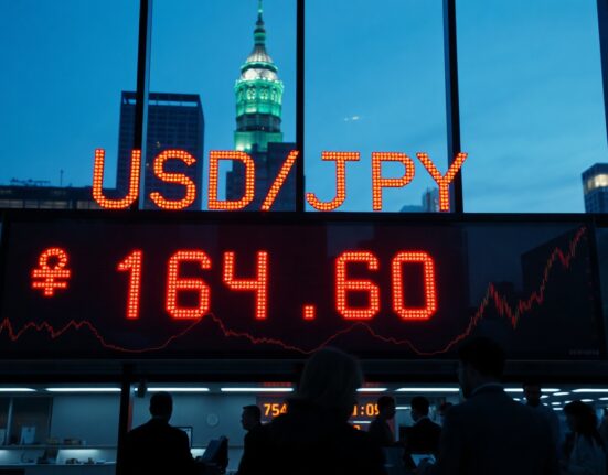 Digital currency exchange board in Tokyo showing USD/JPY rate near 165
